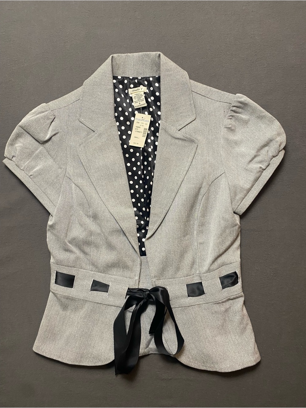 Studio Y Women’s Short Sleeve Gray Tailored Jacket with Ribbon Tie Size 2 NWT